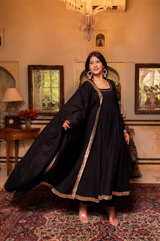 Women's Sunhari Mahira Black Cotton Gota Patti Anarkali Set With Cotton Dupatta