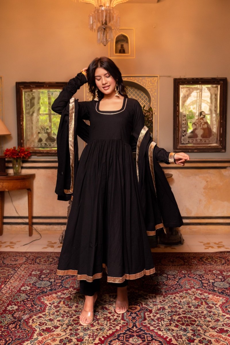 Women's Sunhari Mahira Black Cotton Gota Patti Anarkali Set With Cotton Dupatta
