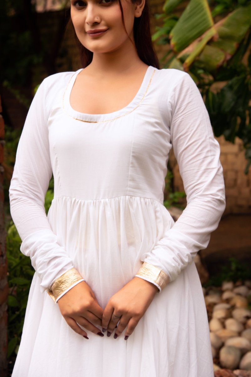 Women's Sunhari Mahira White Cotton Gota Patti Anarkali Set With Cotton Dupatta