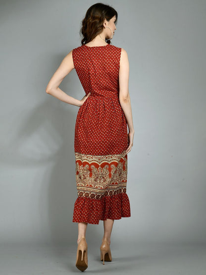 Women's Light Maroon Cotton Printed Sleeveless Round Neck Casual Dress