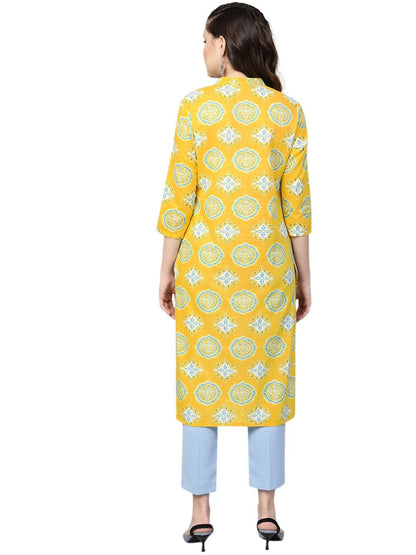 Women's Yellow & White Printed Straight Kurta
