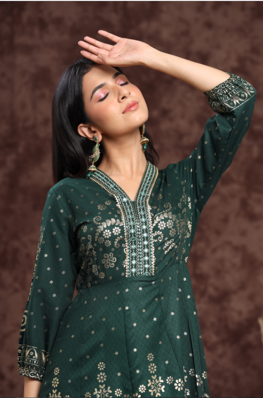 Women's Jadegreen Rayon Printed Anarkali Dress