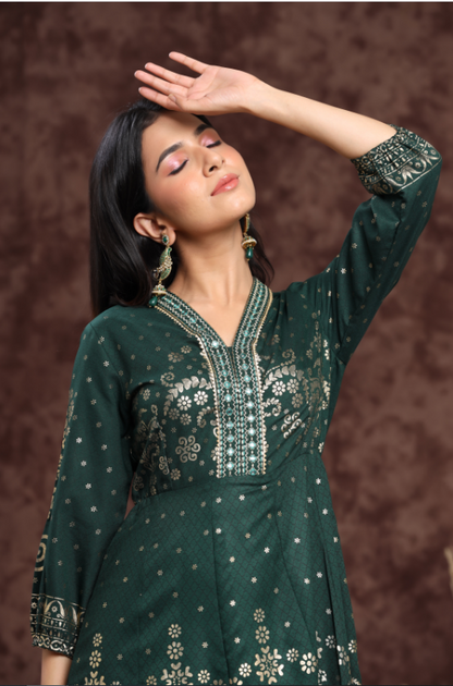 Women's Jadegreen Rayon Printed Anarkali Dress
