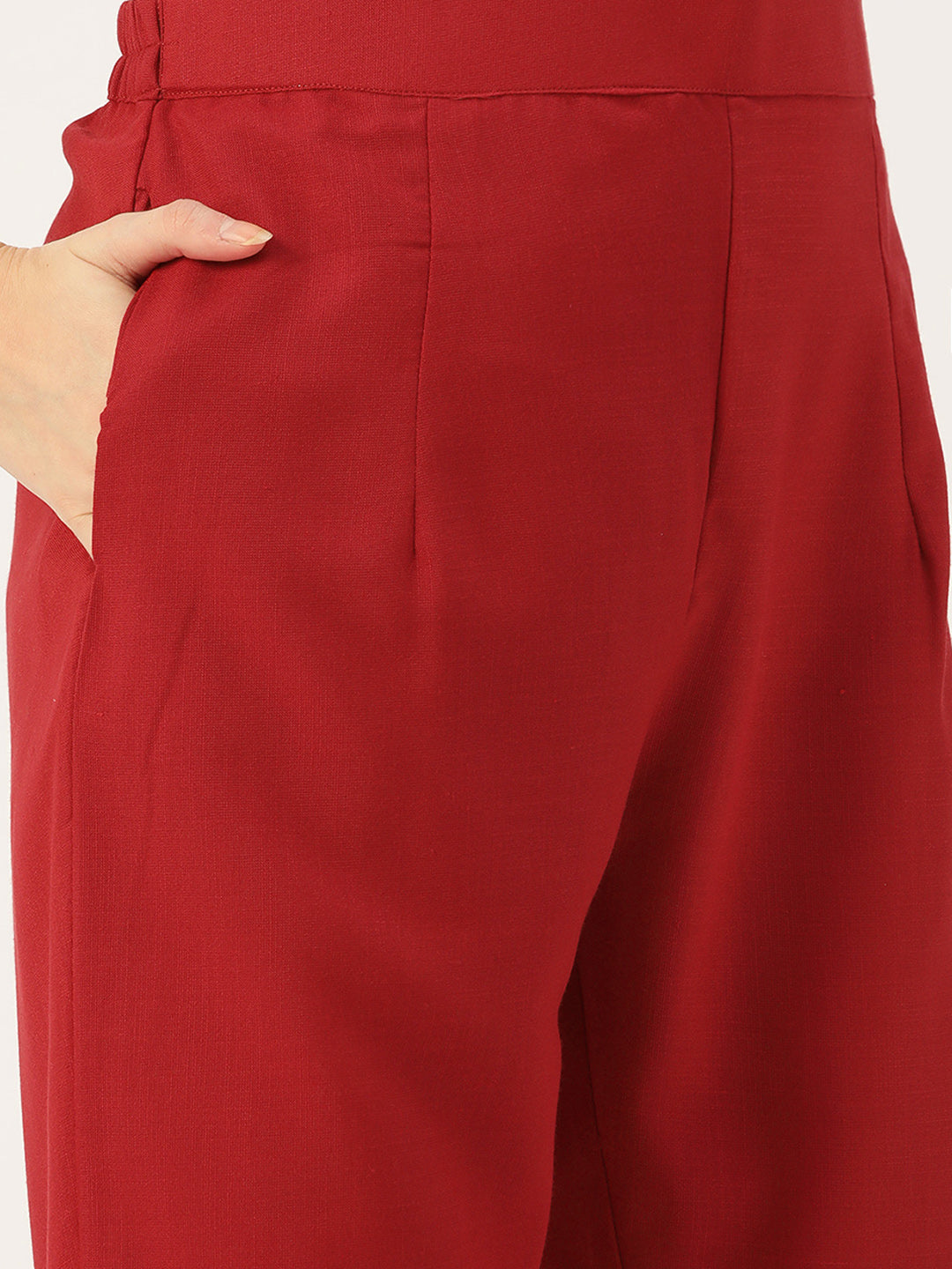 Women's Maroon Cotton Blend Panelled Printed Straight Kurta Trouser Set With Dupatta