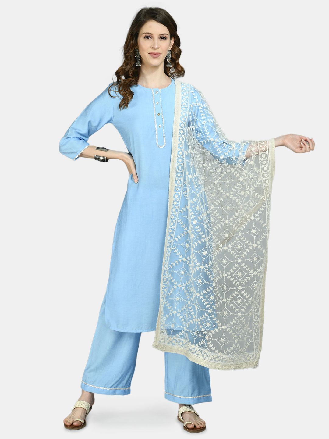 Women's Blue Cotton Solid 3/4 Sleeve Round Neck Casual Kurta Pant Dupatta Set