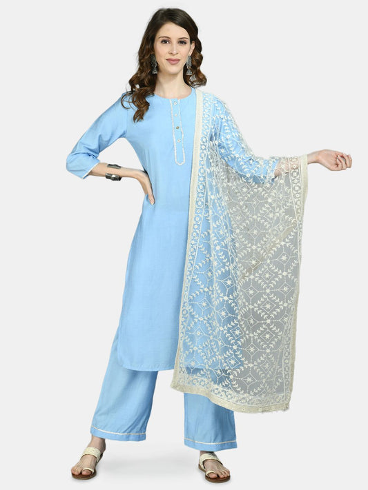 Women's Blue Cotton Solid 3/4 Sleeve Round Neck Casual Kurta Pant Dupatta Set