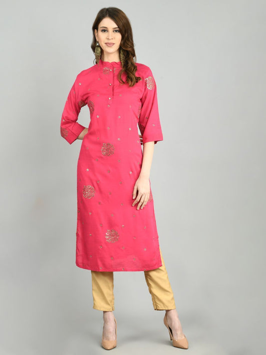 Women's Pink Cotton Printed 3/4 Sleeve Mandarin Neck Casual Kurta Dupatta Set