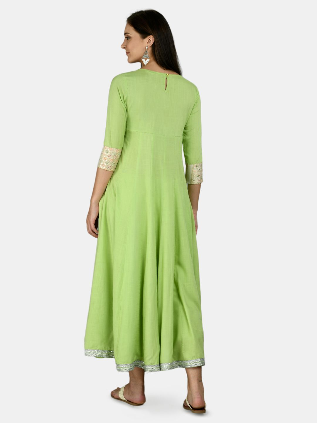 Women's Green Rayon Printed 3/4 Sleeve Round Neck Casual Anarkali Dupatta Set