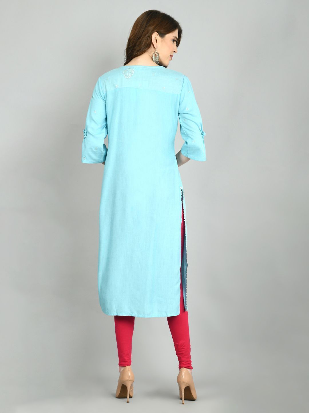 Women's Sky Blue Cotton Printed 3/4 Sleeve Round Neck Casual Kurta Dupatta  Set