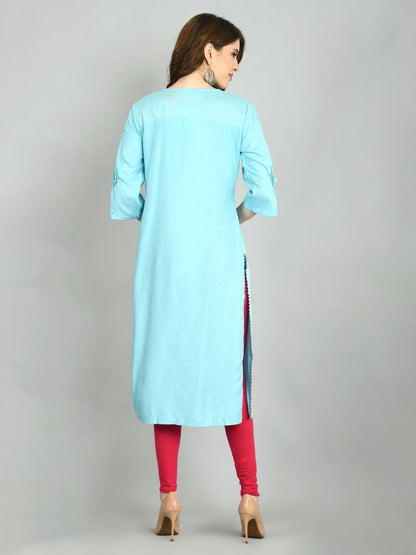 Women's Sky Blue Cotton Printed 3/4 Sleeve Round Neck Casual Kurta Dupatta  Set