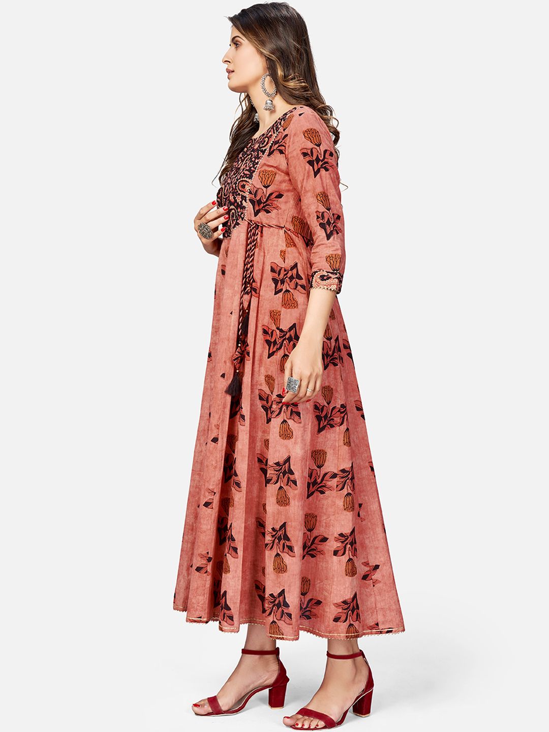 Women's Printed & Hand Work Anarkali Cotton Brown Kurta (1Pc)