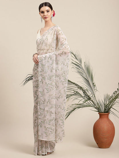 Women's Off White Chiffon Digital Print Floral Saree