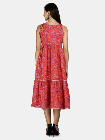 Women's Pink Cotton Printed Sleeveless Round Neck Casual Dress