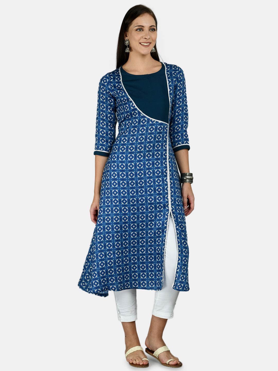 Women's Blue Cotton Printed 3/4 Sleeve Round Neck Casual kurta
