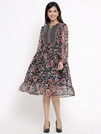 Women's Black Chiffon Printed Flared Dress