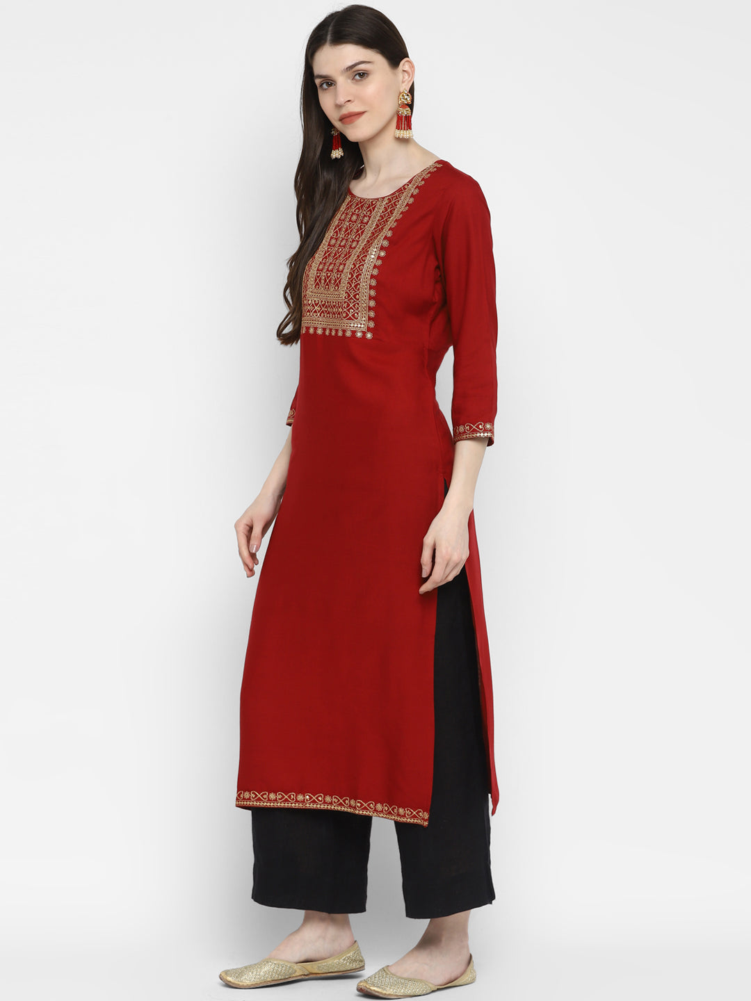 Women's Sequence & Solid Straight Rayon Maroon Kurta  (1Pc)