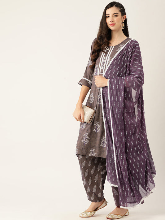 Women's Purpal Color Rayon Blend Printed Kurta Dhoti Pant With Dupatta