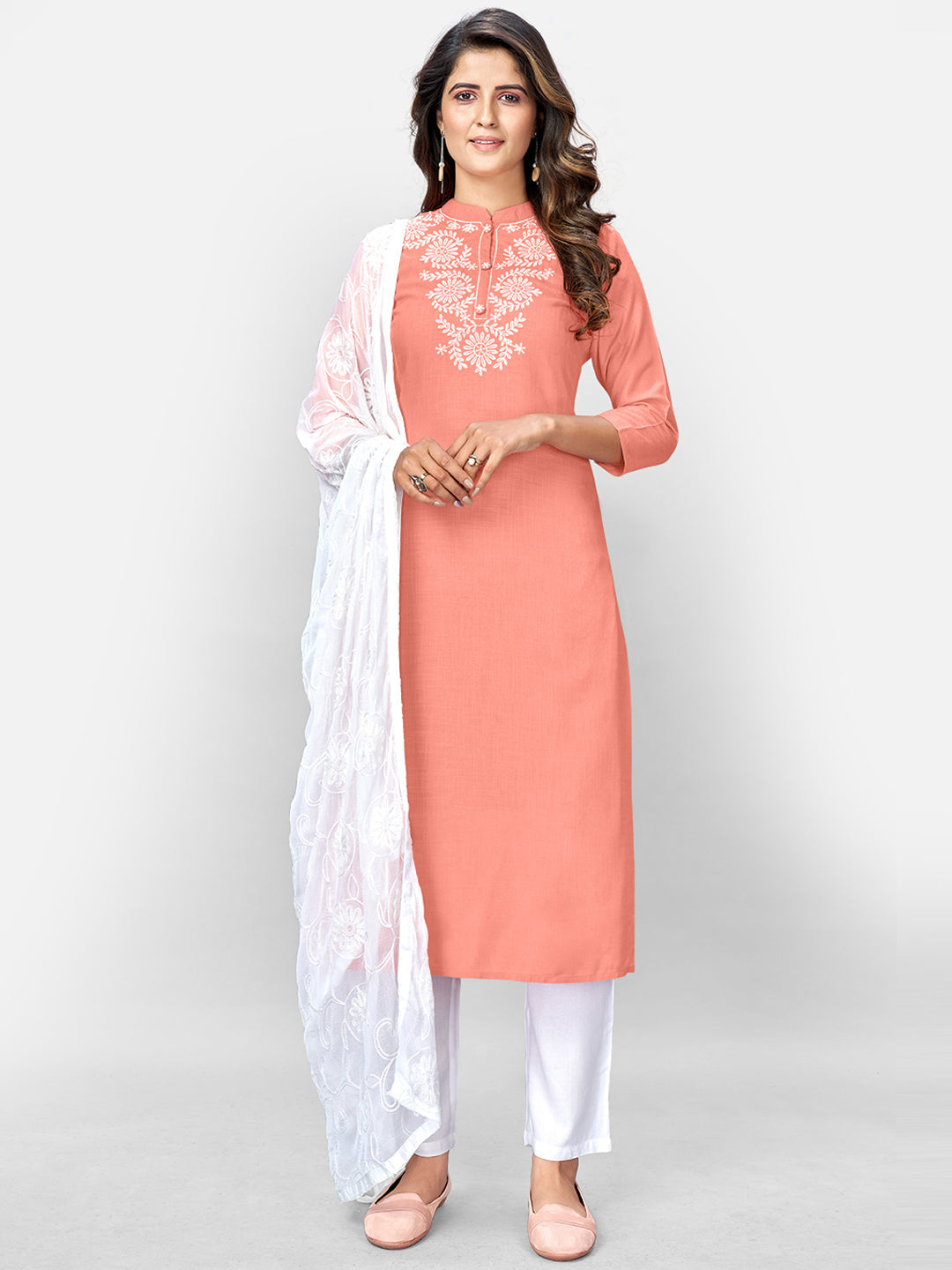 Women's Peach Rayon Kurta With Pant & Dupatta By Vbuyz (3