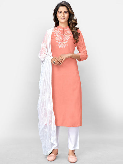 Women's Peach Rayon Kurta With Pant & Dupatta By Vbuyz (3