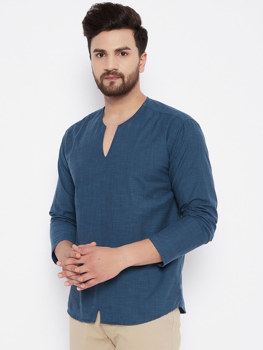 Men's Solid Cotton Blue Kurta