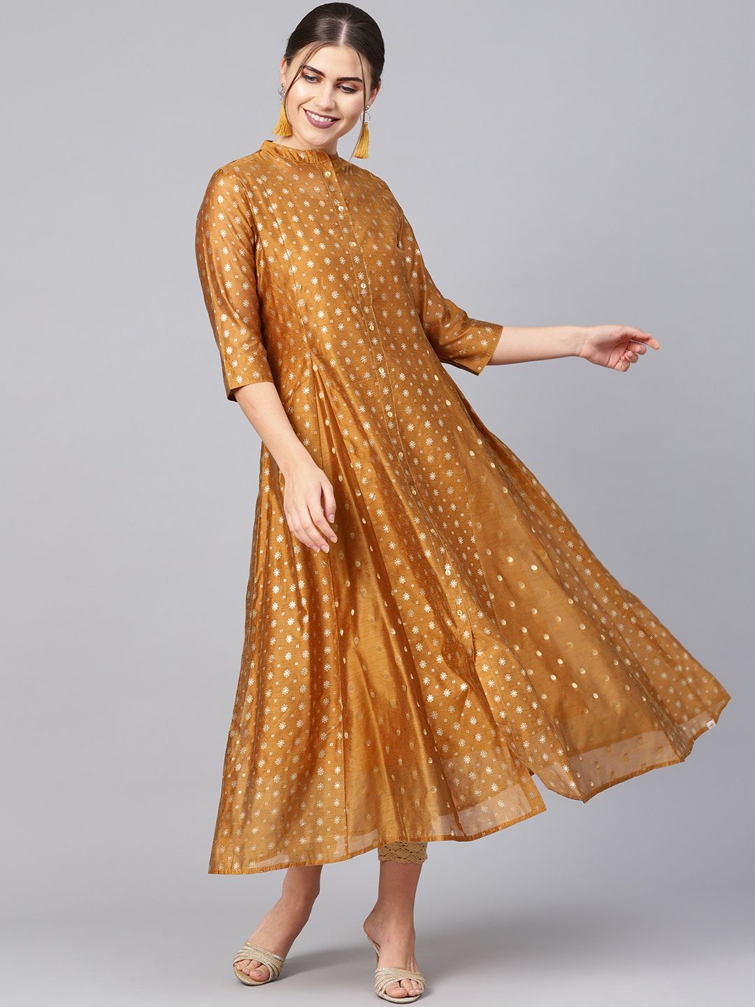 Women's Mustard Chanderi Printed Layered Kurta