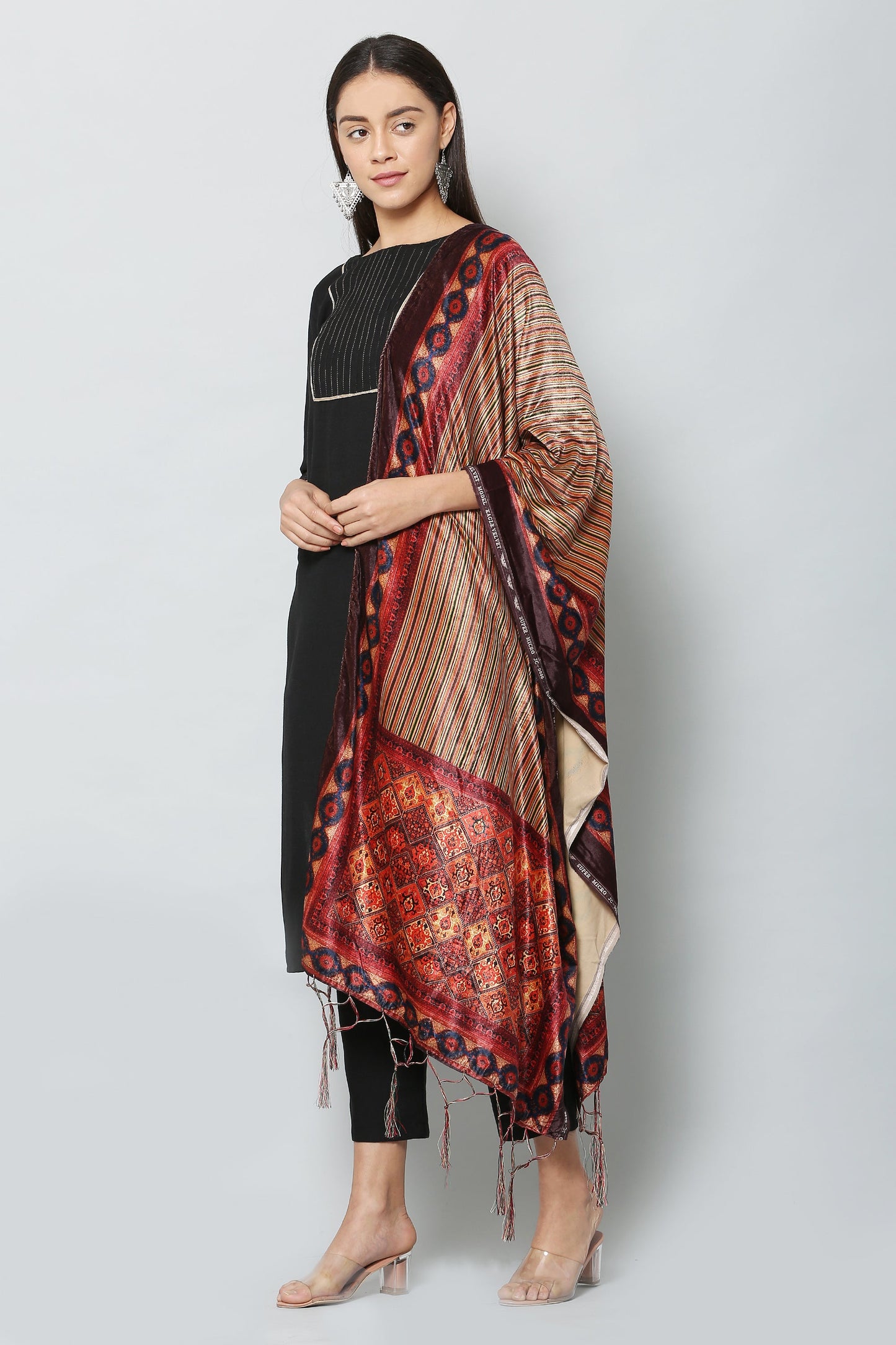 Women's Red Color Polyster Velvet  Digital Printed Dupatta
