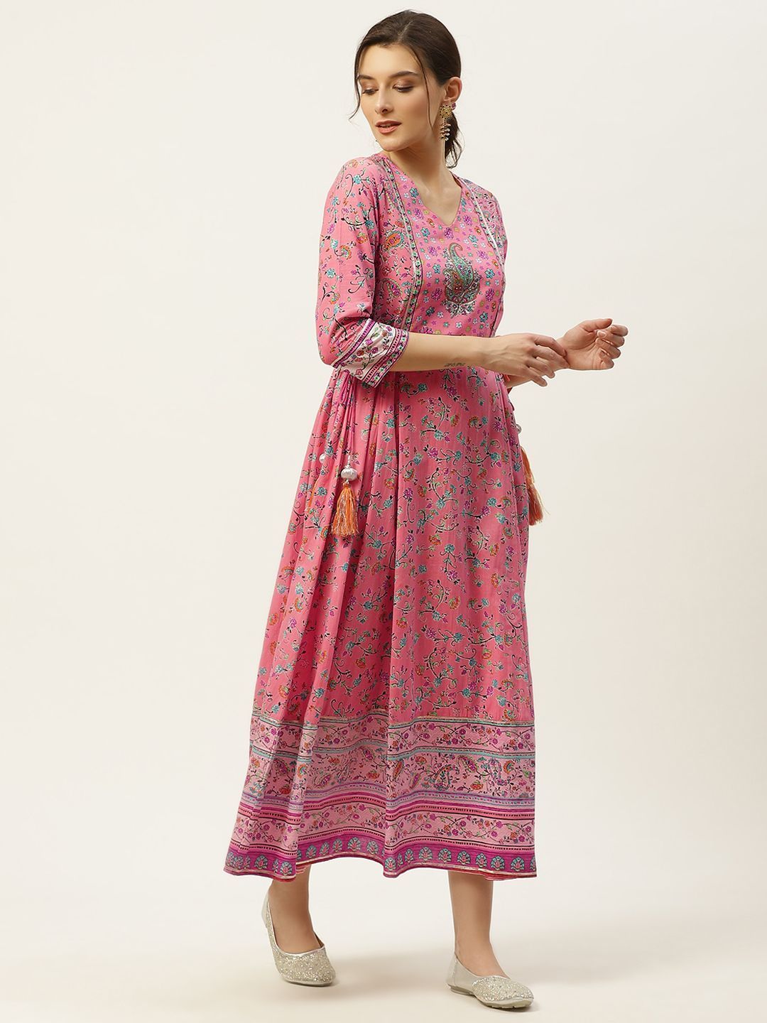 Women's Pink Floral Print Anarkali & Dupatta