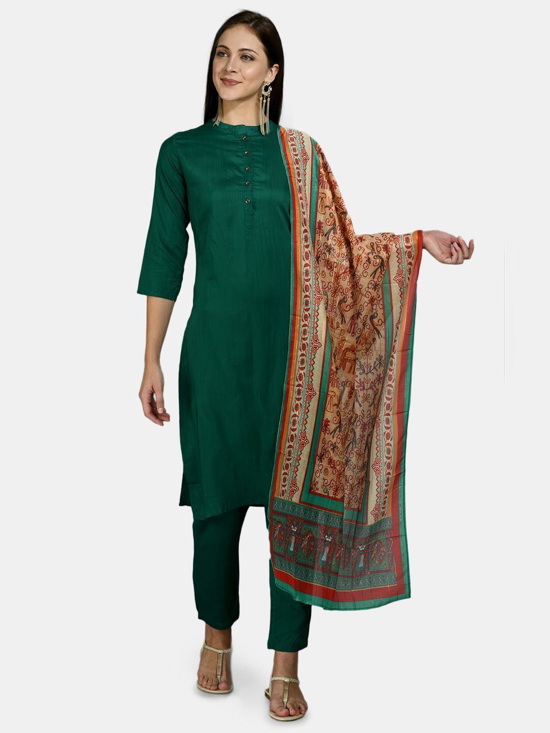 Women's Green Silk Solid 3/4 Sleeve Round Neck Casual Kurta Pant Dupatta Set