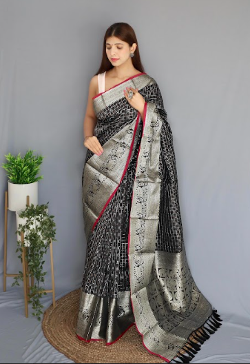 Women's Banarasi Soft Silk Checks Woven Saree Black