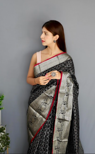 Women's Banarasi Soft Silk Checks Woven Saree Black