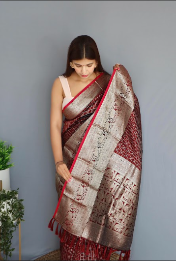 Women's Banarasi Soft Silk Checks Woven Saree Brown