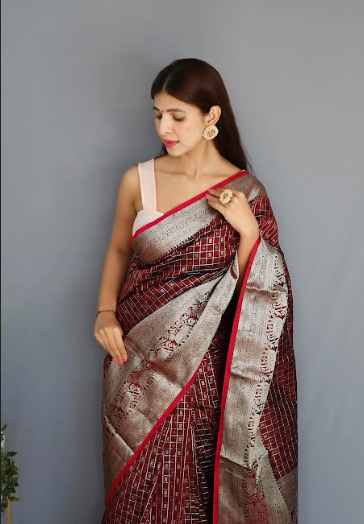 Women's Banarasi Soft Silk Checks Woven Saree Brown