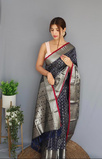 Women's Banarasi Soft Silk Checks Woven Saree Navy Blue