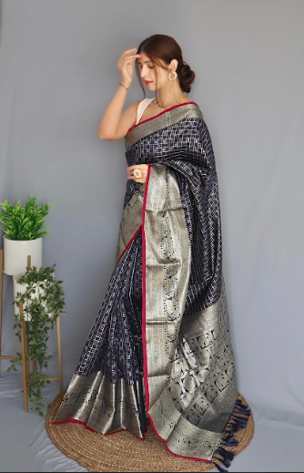Women's Banarasi Soft Silk Checks Woven Saree Navy Blue