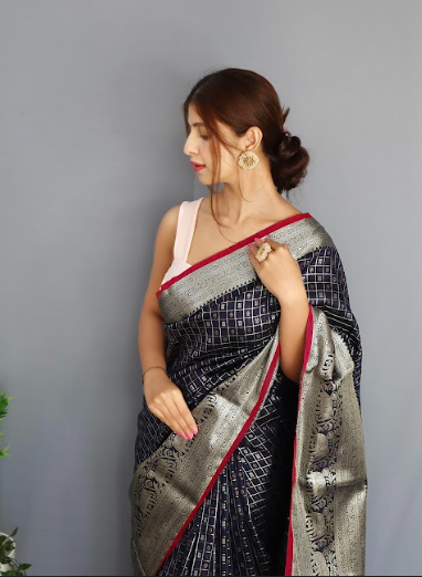 Women's Banarasi Soft Silk Checks Woven Saree Navy Blue