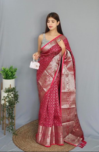 Women's Banarasi Soft Silk Checks Woven Saree Pink