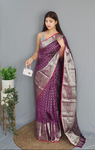 Women's Banarasi Soft Silk Checks Woven Saree Purple