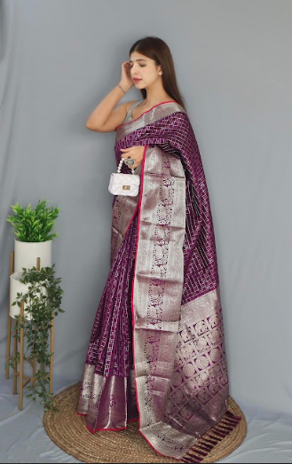 Women's Banarasi Soft Silk Checks Woven Saree Purple