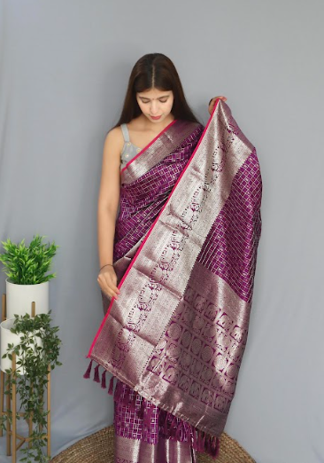 Women's Banarasi Soft Silk Checks Woven Saree Purple