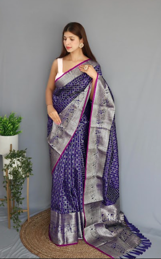 Women's Banarasi Soft Silk Checks Woven Saree Violet Blue