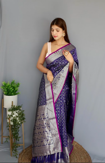 Women's Banarasi Soft Silk Checks Woven Saree Violet Blue