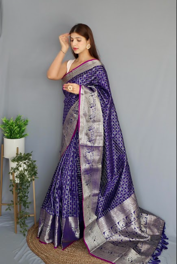 Women's Banarasi Soft Silk Checks Woven Saree Violet Blue