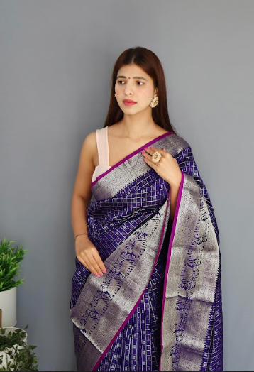 Women's Banarasi Soft Silk Checks Woven Saree Violet Blue
