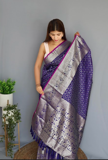 Women's Banarasi Soft Silk Checks Woven Saree Violet Blue
