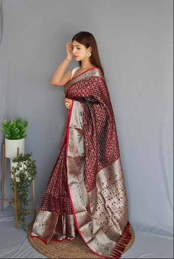 Women's Banarasi Soft Silk Checks Woven Saree Brown