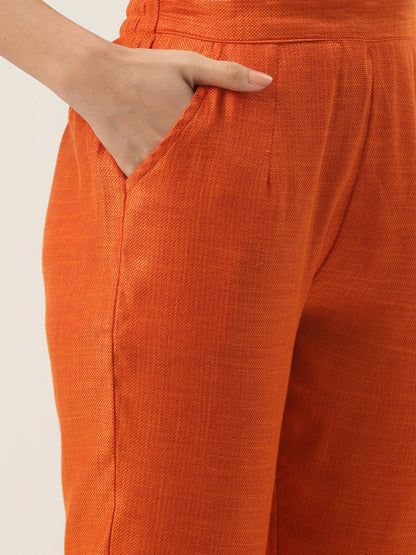 Women's Orange Color Rayon blend Embroidered Straight Kurta Pant With Dupatta