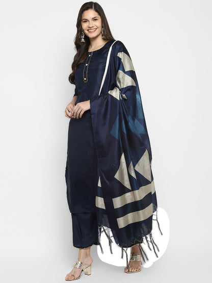 Women's Navy Blue Color Silk Blend Straight Kurta Palazzo With Dupatta
