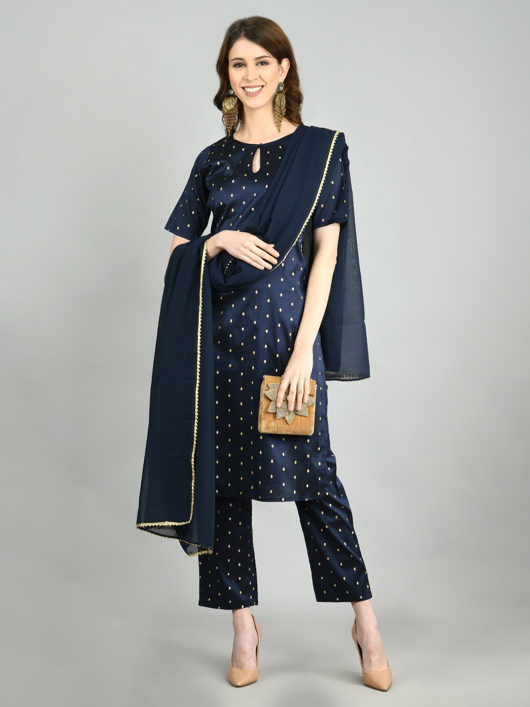 Women's Navy Blue Polyester Printed Half Sleeve Round Neck Casual Kurta Pant Dupatta Set