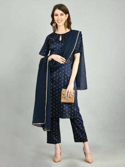 Women's Navy Blue Polyester Printed Half Sleeve Round Neck Casual Kurta Pant Dupatta Set