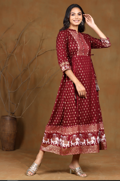 Women's Wine Rayon Printed Anarkali Dress